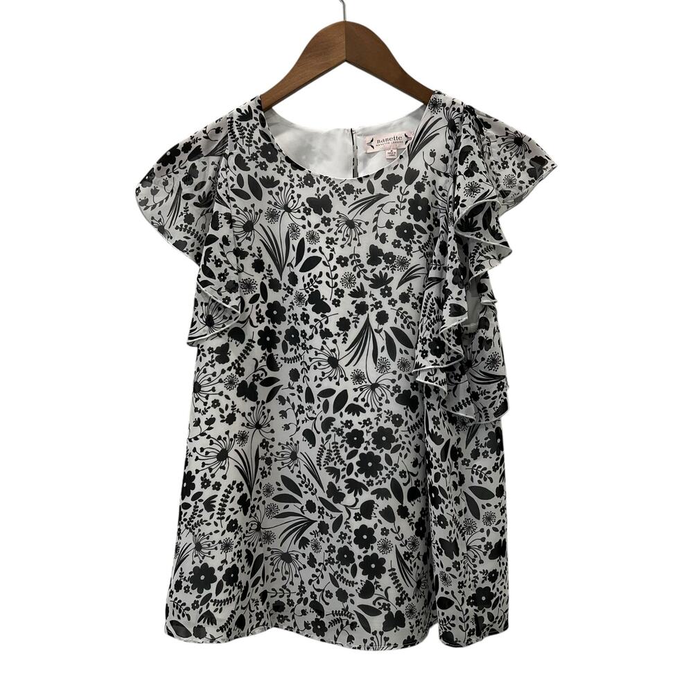 Nanette Lepore Womens Black White Floral Print Short Sleeve Blouse Size Medium